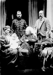 Queen Victoria, Tsar Nicholas II, Tsarina Alexandra Fyodorovna, her daughter Olga Nikolaevna and Albert, Prince of Wales photographed at Balmoral